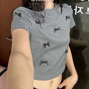 Cute Dots Bow Cotton Shirt Cropped T-shirt With Full Bows Contrast Trendy Top